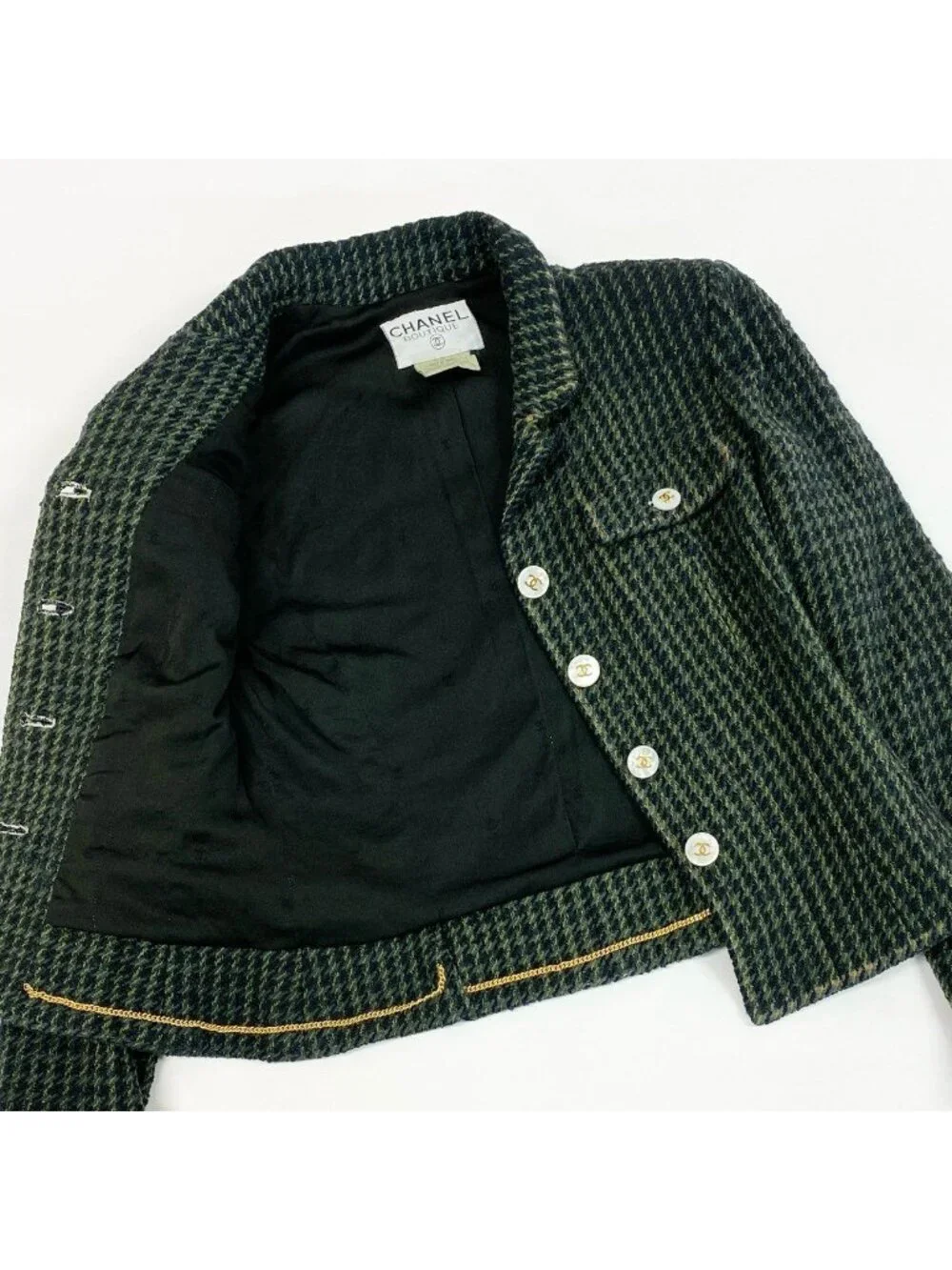 Chanel Collection CC Logo Button Tweed Short Jacket 40 Dark Green